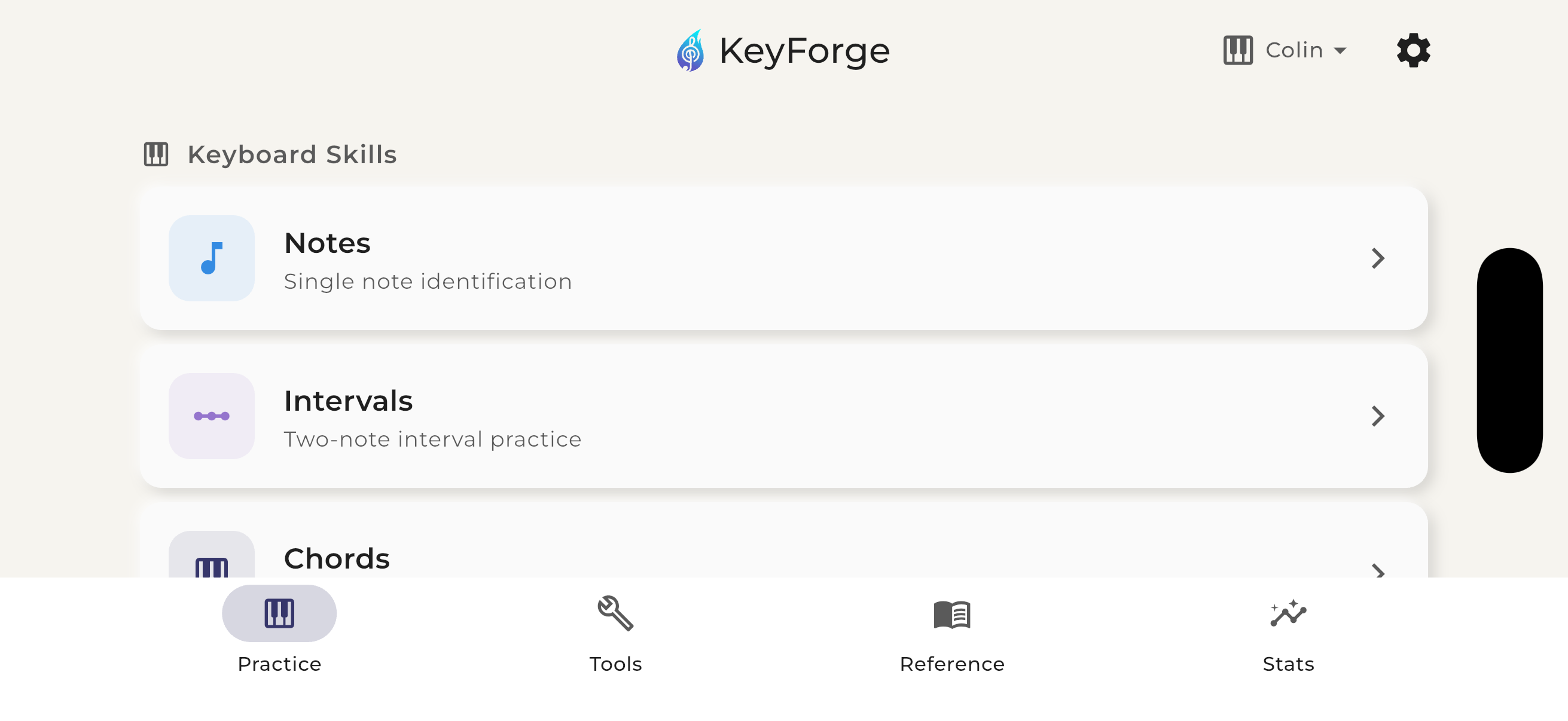 KeyForge Piano home screen on iPhone