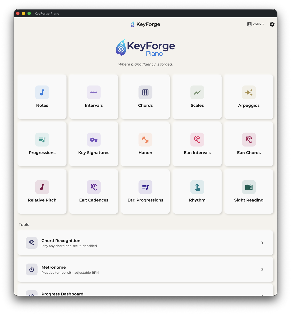 KeyForge Piano home screen on macOS