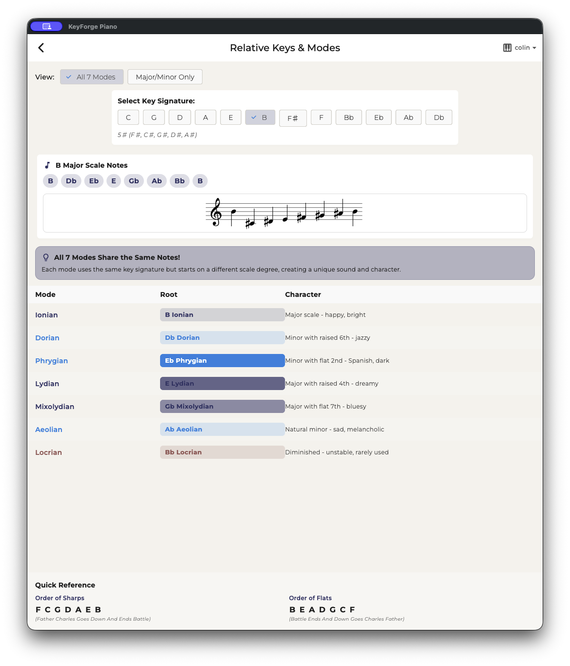 Relative Keys and Modes reference tool